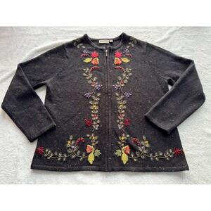 Croft & Barrow Womens L 90s Embroidered Zip Front Cardigan Silk Blend Heavy Fall